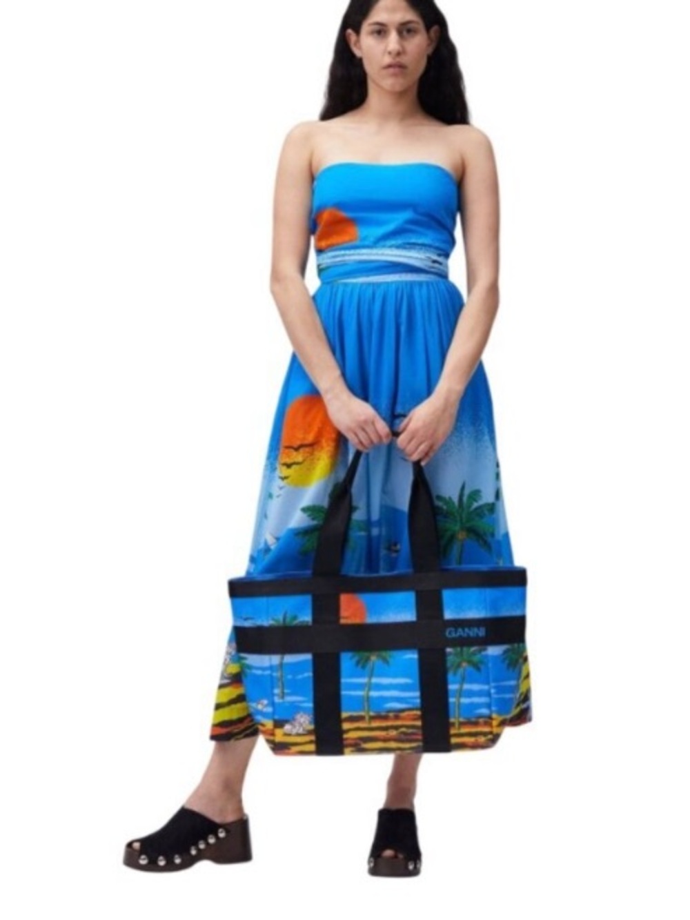 GANNI Beach Tropical Strapless Midi Dress Sunset Print Organic Cotton SM - M NWT